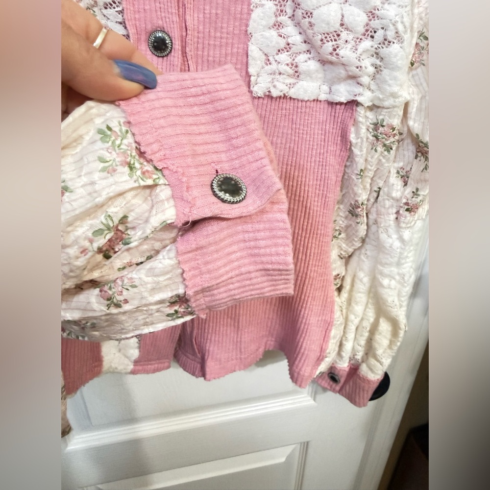 H175 New POL S pp24 Pink and Cream Patchwork detail Lace Button-Up Jacket Top - Picture 8 of 16